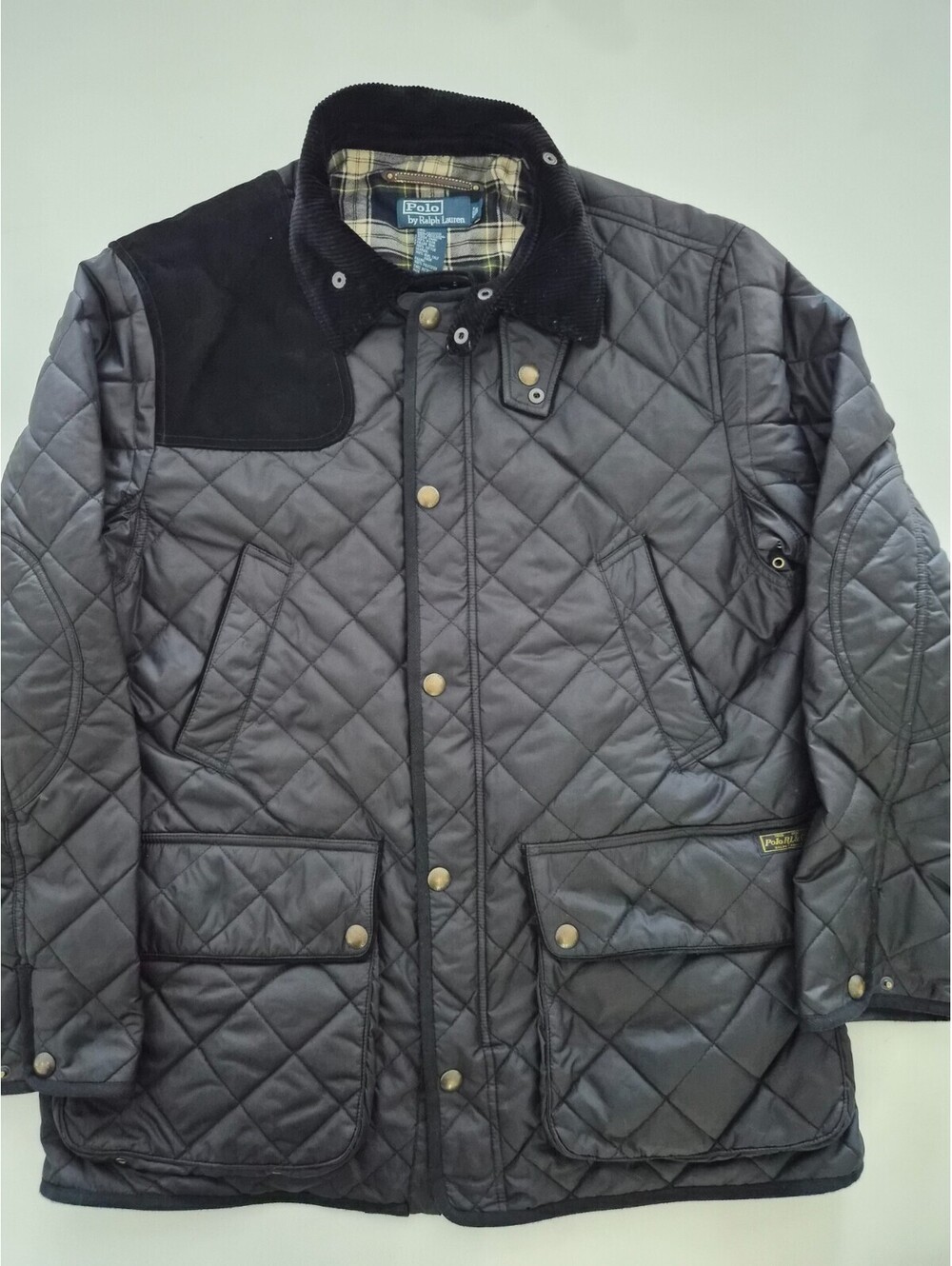 Polo Ralph Lauren Mens L Black Quilted Field Barn Jacket Suede Corduroy Collar